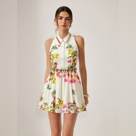 Commense Dresses & Skirts - Commense White Halter Mini Dress with Pink & Yellow Floral Print